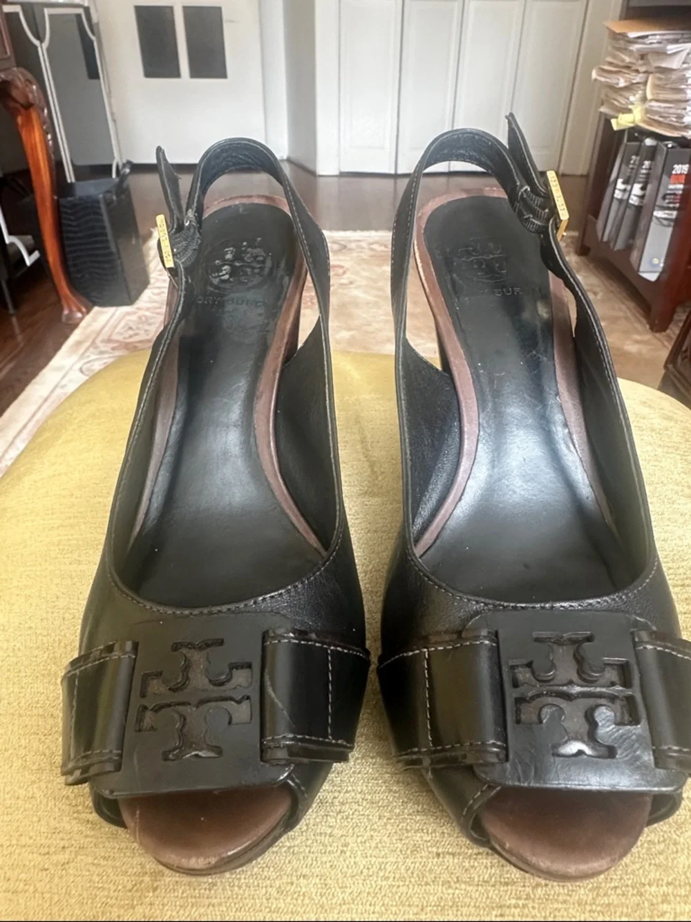 Tory Burch Black Leather Slingback Peep-Toe Heels with Buckle Detail Size 8.5